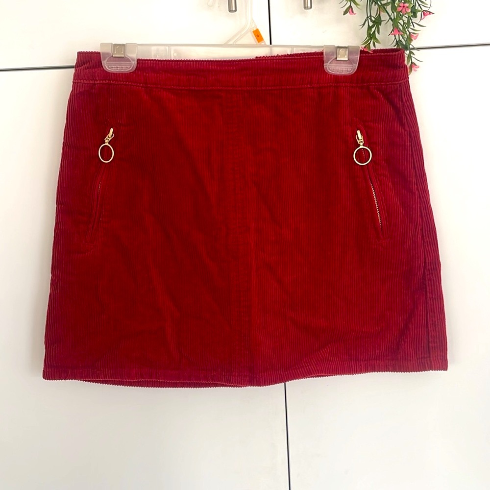 Forever 21 Red Corduroy Mini Skirt with Gold Ring Zippers